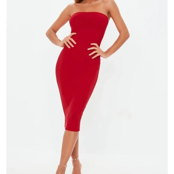 knee length dresses for ladies Bershka Bandeau Neckline Midi Dress  Luxandluxy